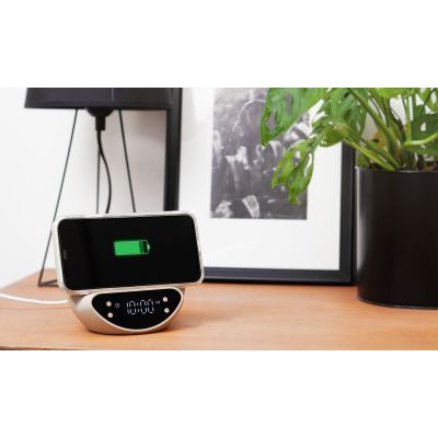 Настольные часы Smiley с беспроводным (10W) зарядным устройством и будильником, пшеница/бамбук/пластик, бежевый-1