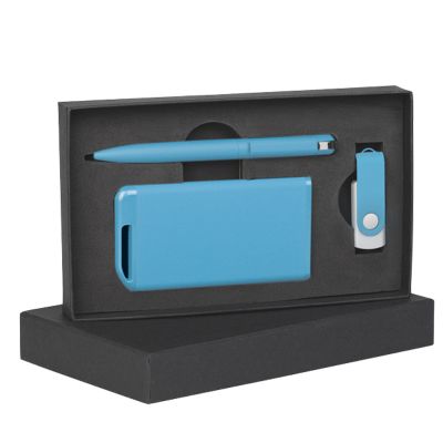 Набор ручка + флеш-карта 8Гб + зарядное устройство 4000 mAh в футляре, soft touch, голубой-0