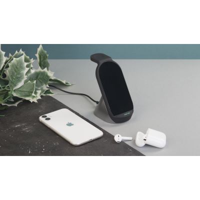 Настольная беспроводная (15W) зарядная станция Tower для часов, наушников, смартфона, с подсветкой логотипа и адаптером 18W, черный с серым-3