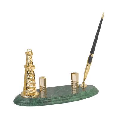 Подставка под визитки Нефтяная вышка с ручкой, золотистый с зеленым-0