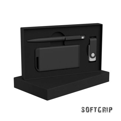 Набор ручка + флеш-карта 16Гб + зарядное устройство 4000 mAh в футляре, softgrip, черный-0