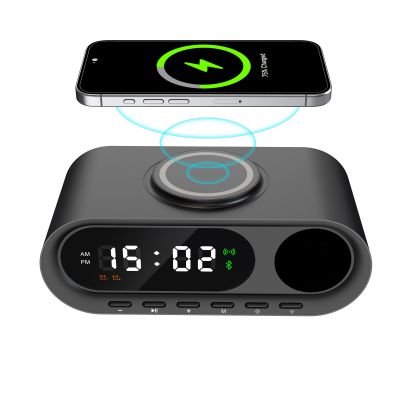 Настольные часы Smart Hub с bluetooth колонкой 5Вт, беспроводной (15W) зарядкой и подсветкой логотипа, черный-1
