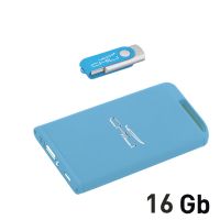 Набор зарядное Theta 4000 mAh + флеш-карта Vostok 16Гб в футляре, голубой, покрытие soft touch, голубой