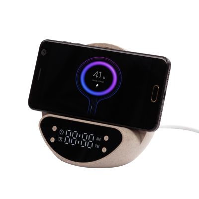 Настольные часы Smiley с беспроводным (10W) зарядным устройством и будильником, пшеница/бамбук/пластик, бежевый-3