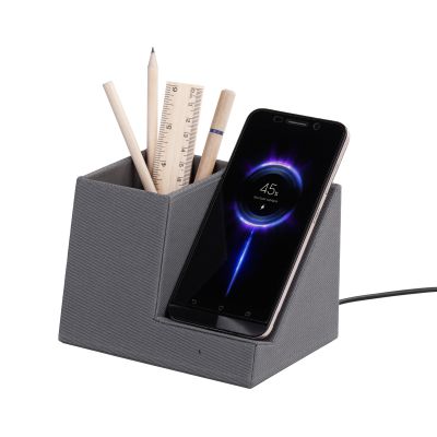 Карандашница Cool Gray с беспроводным зарядным устройством, переработанный пластик (RPET), серый-0