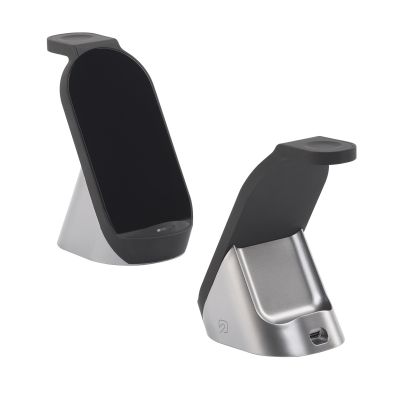 Настольная беспроводная (15W) зарядная станция Tower для часов, наушников, смартфона, с подсветкой логотипа и адаптером 18W, черный с серым-4