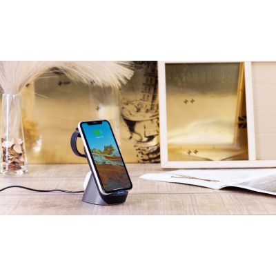 Настольная беспроводная (15W) зарядная станция Tower для часов, наушников, смартфона, с подсветкой логотипа и адаптером 18W, черный с серым-2