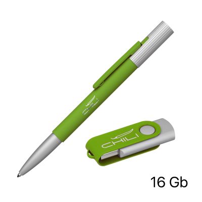 Набор ручка Clas + флеш-карта Vostok 16 Гб в футляре, оранжевый, покрытие soft touch, зеленое яблоко-1