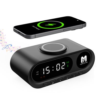 Настольные часы Smart Hub с bluetooth колонкой 5Вт, беспроводной (15W) зарядкой и подсветкой логотипа, черный-0