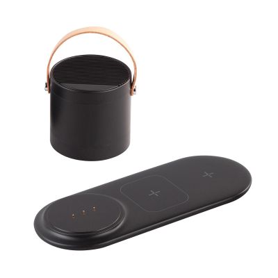 Настольная беспроводная (15W) зарядная станция Blacksmith с bluetooth колонкой с подсветкой логотипа, черный-2