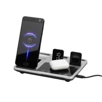 Беспроводная (15W) зарядная станция Smart Lift с сенсорным подъёмным механизмом, часами и ночной подсветкой, черный с серебристым-2