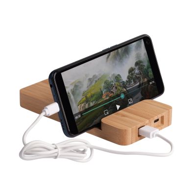 Беспроводное (10W) зарядное устройство Bamboo Power 5000 mAh с подставкой под смартфон, бамбук, бежевый-3