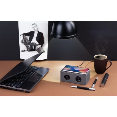 Bluetooth колонка Cool Gray с двумя динамиками (2х3Вт) и беспроводным зарядным устройством, переработанный пластик (RPET), серый-4