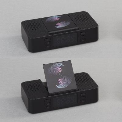 Настольные часы Smart Box с bluetooth колонкой (2х3Вт), беспроводным (15W) зарядным устройством и складной подставкой под смартфон, черный-2