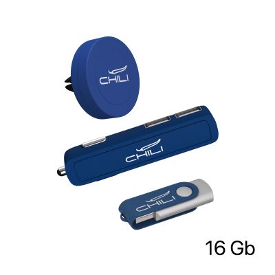 Набор автомобильное ЗУ Slam + флешка Vostok 16 Гб + магнитный держатель Allo, soft touch, темно-синий-1