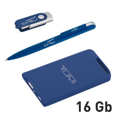 Набор ручка + флеш-карта 16Гб + зарядное устройство 4000 mAh в футляре покрытие soft touch, темно-синий-1