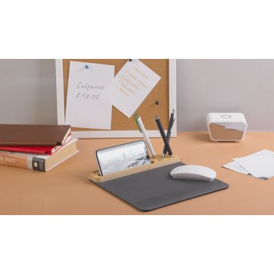 Настольная подставка с беспроводным зарядным устройством, переработанная кожа/бамбук, серый с бежевым-1