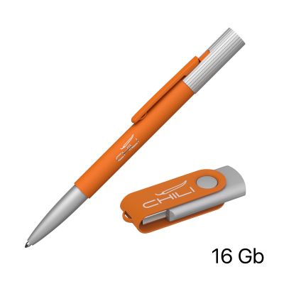 Набор ручка Clas + флеш-карта Vostok 16 Гб в футляре, оранжевый, покрытие soft touch, оранжевый-1