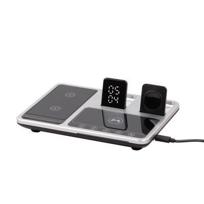 Беспроводная (15W) зарядная станция Smart Lift с сенсорным подъёмным механизмом, часами и ночной подсветкой, черный с серебристым-6