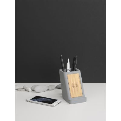 Карандашница Stonehenge с беспроводным зарядным устройством, камень/бамбук, серый/бежевый-5