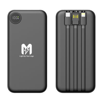 Зарядное устройство Форт 10000 mAh с подсветкой логотипа, встроенными кабелями и цифровым индикатором заряда, черный-0