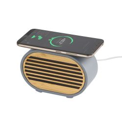 Bluetooth колонка Stonehenge 5Вт с беспроводным зарядным устройством, камень/бамбук, серый/бежевый