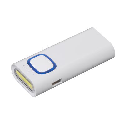 Зарядное устройство с LED-фонариком и подсветкой логотипа, 4400 mAh, белый с синим-0