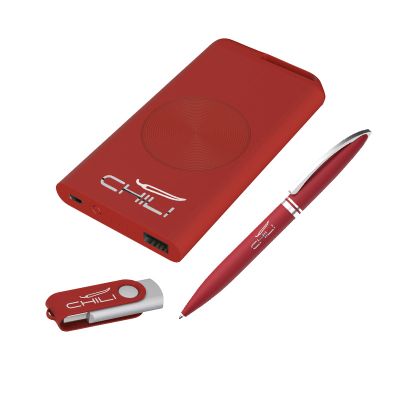 Набор ручка Rocket + флеш-карта Vostok 16Гб + беспроводное ЗУ Theta Wireless 4000 mAh, soft touch, красный с серебристым-1