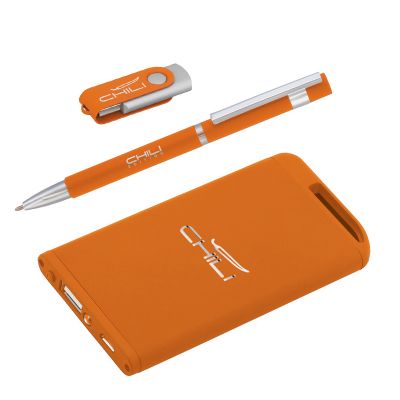 Набор ручка + флеш-карта 8Гб + зарядное устройство 4000 mAh soft touch, оранжевый-1