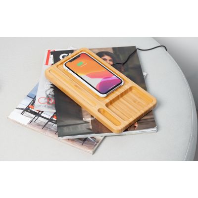 Настольный органайзер Woodstock с беспроводным зарядным устройством, бамбук, светло-коричневый-3