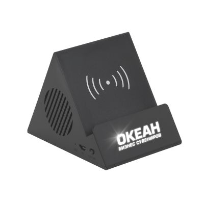 Bluetooth колонка-подставка Rock 3Вт с беспроводным зарядным устройством и подсветкой логотипа, черный-0
