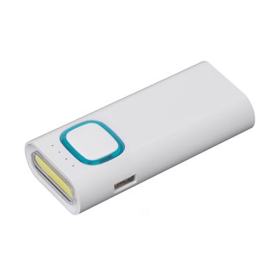 Зарядное устройство с LED-фонариком и подсветкой логотипа, 4400 mAh, белый с бирюзовым-0