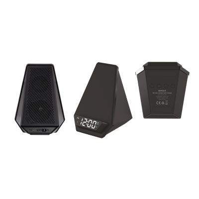Настольная Bluetooth колонка (3Вт) Smart Pyramid с часами и беспроводным (15W) зарядным устройством, с подсветкой логотипа, черный-1