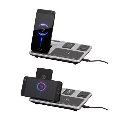 Беспроводная (15W) зарядная станция Smart Lift с сенсорным подъёмным механизмом, часами и ночной подсветкой, черный с серебристым-3