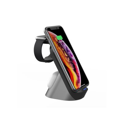 Настольная беспроводная (15W) зарядная станция Tower для часов, наушников, смартфона, с подсветкой логотипа и адаптером 18W, черный с серым-0