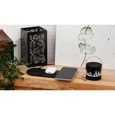 Настольная беспроводная (15W) зарядная станция Blacksmith с bluetooth колонкой с подсветкой логотипа, черный-6