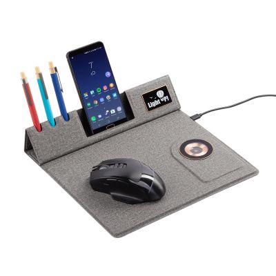 Настольная складная подставка Cool Mat с беспроводным (15W) ЗУ, сенсорной подсветкой логотипа, функцией MagSafe и ковриком для мыши, серый-2