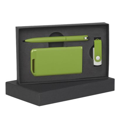 Набор ручка + флеш-карта 8Гб + зарядное устройство 4000 mAh в футляре, soft touch, зеленое яблоко-0