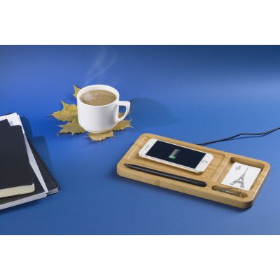 Настольный органайзер Woodstock с беспроводным зарядным устройством, бамбук, светло-коричневый-1