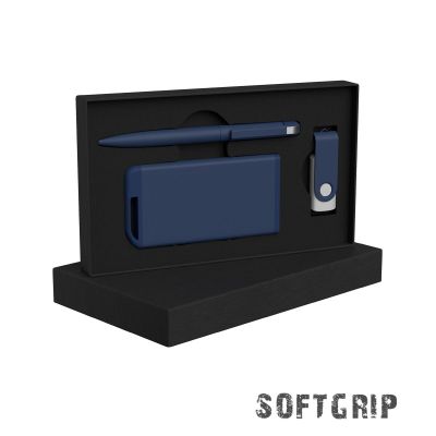 Набор ручка + флеш-карта 8Гб + зарядное устройство 4000 mAh в футляре, softgrip, темно-синий-0