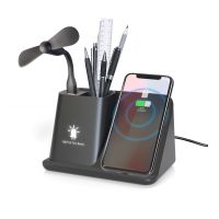 Карандашница Black Star с беспроводным (10W) зарядным устройством, вентилятором и лампой, с подсветкой логотипа, черный