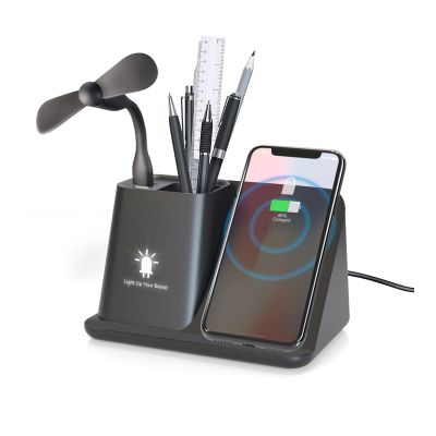 Карандашница Black Star с беспроводным (10W) зарядным устройством, вентилятором и лампой, с подсветкой логотипа, черный-0