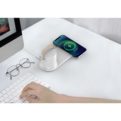 Настольная беспроводная (15W) зарядная станция Smart Home с bluetooth колонкой-лампой, белый-5