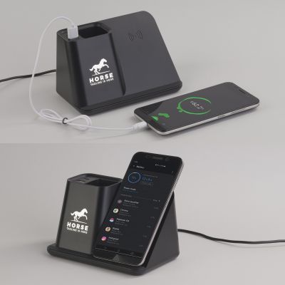 Карандашница Black Star с беспроводным (10W) зарядным устройством, вентилятором и лампой, с подсветкой логотипа, черный-4