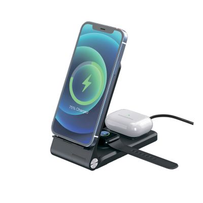 Складная беспроводная (15W) зарядная станция Clap с подсветкой логотипа и подставкой для смартфона, черный-2