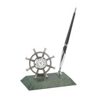 Подставка Штурвал с часами и ручкой, серебристый с зеленым