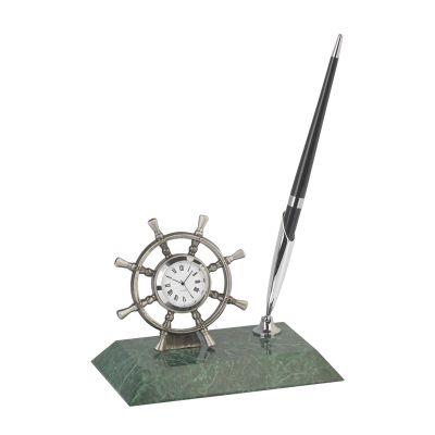 Подставка Штурвал с часами и ручкой, серебристый с зеленым-0