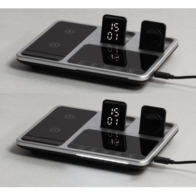 Беспроводная (15W) зарядная станция Smart Lift с сенсорным подъёмным механизмом, часами и ночной подсветкой, черный с серебристым-4