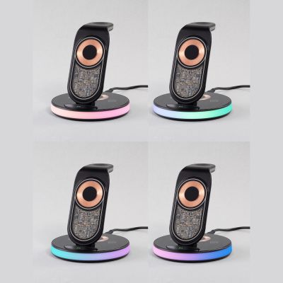 Беспроводная (15W) зарядная станция Tron с прозрачным корпусом и подсветкой, черный с серебристым-3