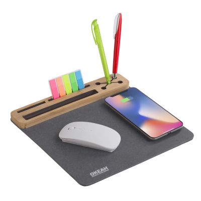 Настольная подставка с беспроводным зарядным устройством, переработанная кожа/бамбук, серый с бежевым-2